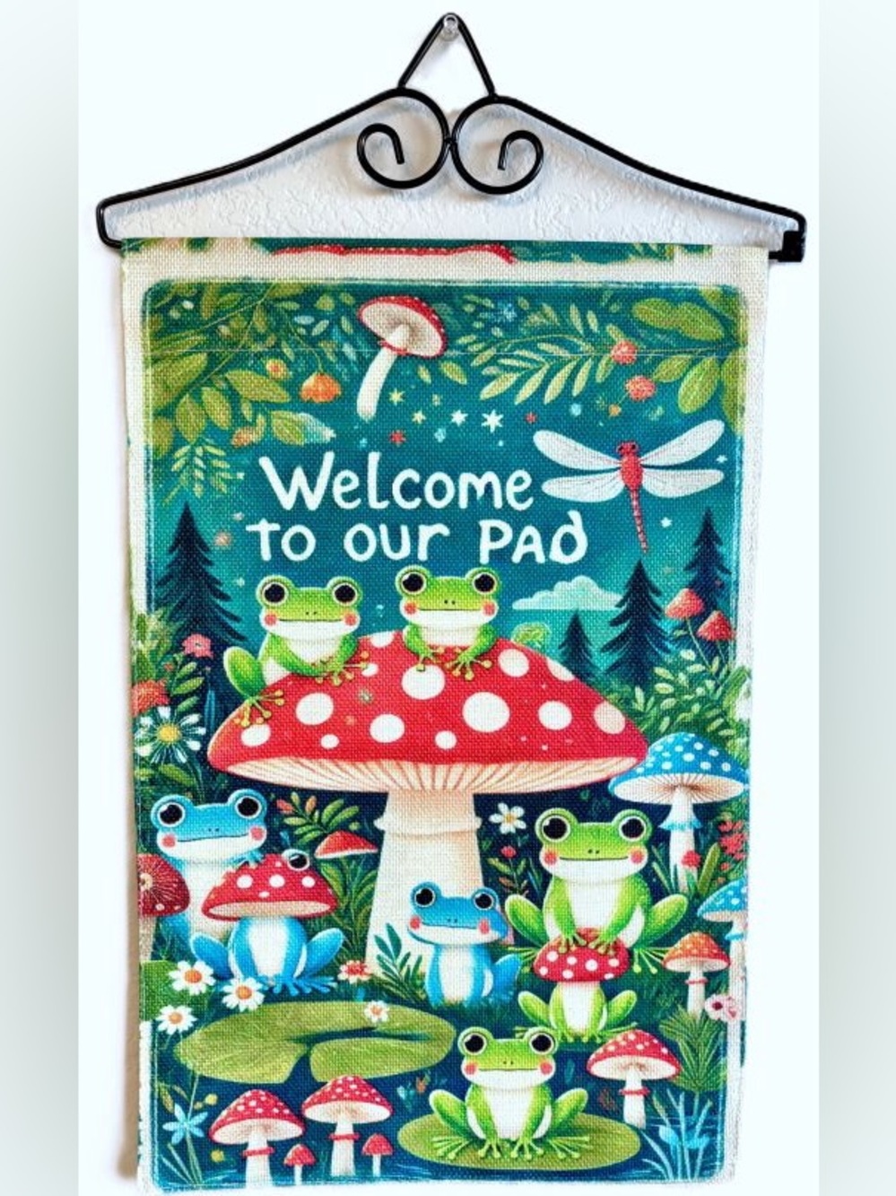 12x18 Whimsical Linen Garden Flag 'Welcome to Our Pad' Pond Frogs Mushrooms New